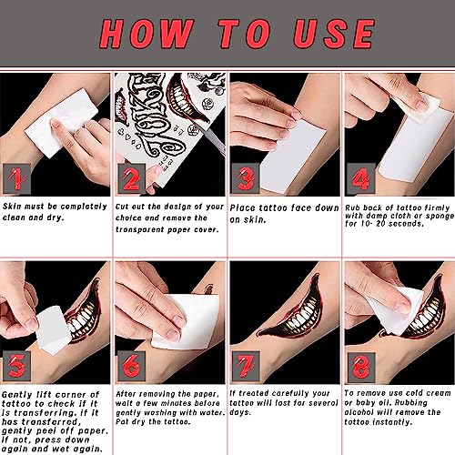Halloween Temporary Tattoos, 4 Sheets Joker Tattoos Fake Temporary Tattoos Sticker for Men & Women, Perfect for Halloween, Cosplay, Costumes and Party Accessories