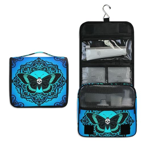 Hanging Toiletry Bag for Women Skull Butterfly Blue Makeup Bag Travel Essentials Toiletries Organizer Bag Gothic Skeleton Map Portable Cosmetic Bag