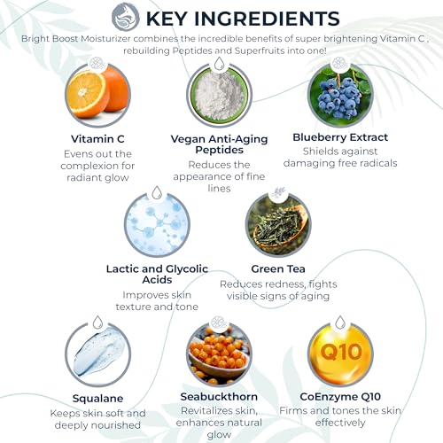Foxbrim Naturals Bright Boost 7 Superfruits Peptide Face Moisturizer with Vitamin C - Gentle Daily Hydrating Luxury Lotion for Radiant Skin - Smooths Fine Lines - Fragrance Free All Skin Types 2oz