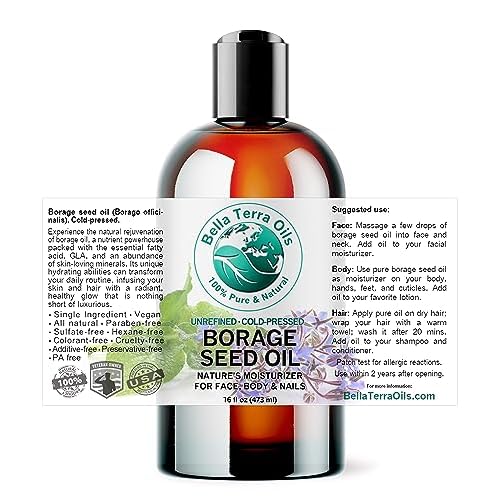 Bella Terra Oils - Organic Borage Seed Oil 16 oz - Unveiling the Power of GLA & Vital Vitamins, Pure Nourishment, Elevate Every Skin Care Routine