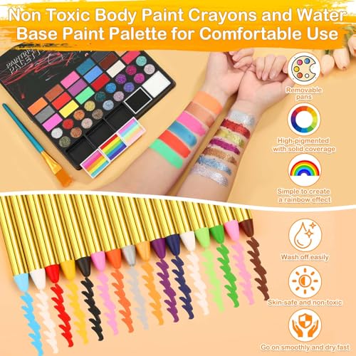 41 Color Face Painting Kit for Beginners & Adults, Non-Toxic Water Activated Face Paint Palette with 28 Crayons, Reusable Stencils, Brush, Sponge, Gems - for Halloween, Birthday, Costume Makeup