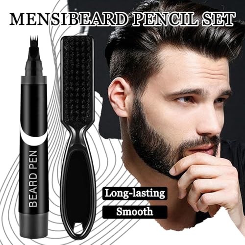 Beard Pencil Filler for Men, Waterproof High Coverage Beard Pen Kit with Beard Brush,Sweatproof Long Lasting Mustache Eyebrows Repair Pen with 4 Micro-Fork Tips£¨Black£©