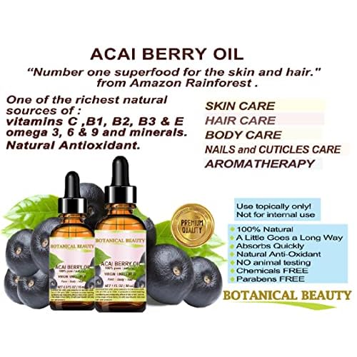 Botanical Beauty? ACAI BERRY OIL 100% Pure Natural Virgin Unrefined Cold Pressed Carrier Oil. 1 Fl Oz 30 ml for Face, Skin, Hair, Lip, Nails. Rich in Vitamin E