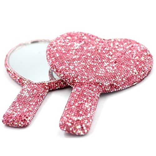 Bling Rhinestone Heart Handheld Mirror - Portable & Dazzling Makeup Mirror for On-The-Go Touch-ups (Plastic Pink)