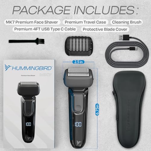 HUMMINGBIRD MK7 Premium Face Shaver, Four Blade Foil Shaver, Electric Razor for Men, Cordless USB-C Rechargeable Waterproof Foil Face Shaver with Two Additional Magnetic Replacement Blades