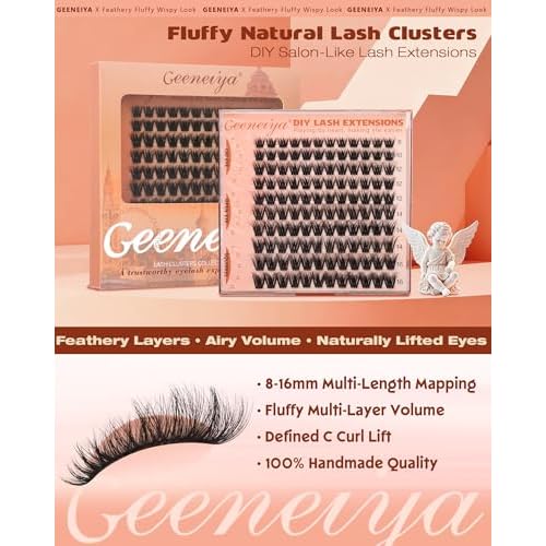 Geeneiya Fluffy Lash Clusters Wispy Eyelash Clusters, 8-16mm Natural Lashes Clusters, C Curl Cluster Eyelash Extensions, Natural Look Lash Extension for Beginners