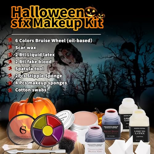 CHASPA Halloween Liquid Latex Special Effects SFX Makeup Kit - Scar Wax + 2 Btl Liquid Latex + 2 Btl Fake Blood + Spatula Tool + 2Pcs Stipple Sponge + 4Pcs Makeup Sponges + Cotton Swabs