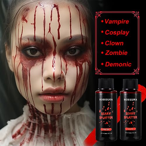 BOBISUKA 2PCS Halloween Fake Blood Makeup Kit - Fresh Red + Dark Red Realistic Washable Special Effects SFX Makeup Set, for Zombie Vampire Cosplay Monster Mouth Clothes Dress Up