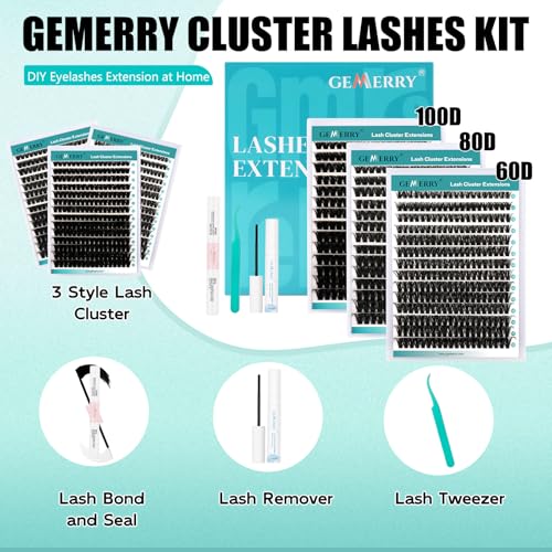 GEMERRY Lash Clusters DIY Lash Extension Kit 60D+80D+100D D Curvature Individual Lashes Eyelash Extension Kit 280 pcs Thin Band Cluster Lash Bond and Seal Tweezers with Lash Remover