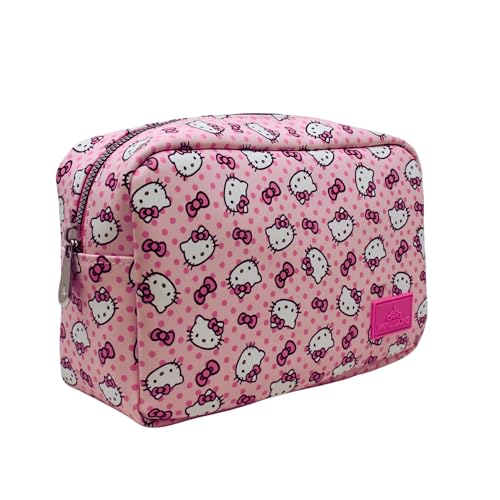 Impressions Vanity Hello Kitty Pink A Dot Cosmetic Pouch for purse With Silver Hardware, Polyester Lined Interior Travel Makeup Bag Organizer with Inner Slip Pocket and Hello Kitty Pink A Dot Artwork