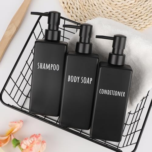 Segbeauty Plastic Shampoo and Conditioner Dispenser, 3pcs 16.9oz Refillable Lotion Soap Dispenser, 500ml Black Shampoo Bottles, Empty Shower Pump Dispenser Lotion Container for Modern Bathroom Hotel