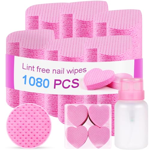 1080 Pieces of Cotton-Free Nail Cleaning Wipes, 1 Pull-Off Pump-Style Bottle, Suitable for Cleaning Nail Polish and Nail Glue, False Eyelash Extension Glue Cleaning Wipes (pink)
