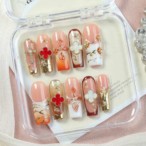 Luxury Soft Pink Press On Nails 10pcs, Handmade Acrylic Square Tips with 3D Floral Art, Gold Mirror Motif & Pearl Details, Elegant Ombre Design for Weddings, Parties & Daily Wear ? Appife