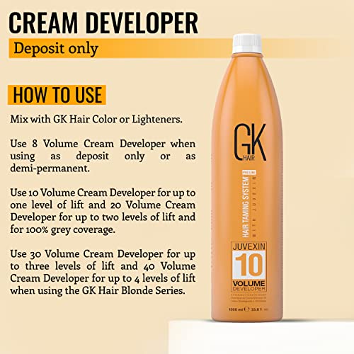 Global Keratin GK HAIR Professional Hair Creme 10 Volume Developer 33.8 Fl Oz for Hair Coloring Bleach - High-Performance Long Lasting Semi-Permanent Hair Color Toner Dye