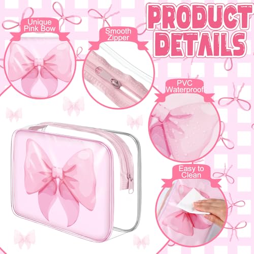 12 Pcs Clear Pink Bow Makeup Bags Bulk for Women PVC Coquette Cosmetic Bag with Zipper Travel Toiletry Pouch Pink Bow Team Gifts for Birthday Coquette Party Favor Storage Accessories