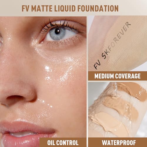 FV 2 Pack Waterproof Foundation, Lightweight & Medium Coverage Foundation with Matte Finish, Oil Control Long Lasting Liquid Foundation Makeup for Oily Normal Skin (Natural Beige, 1.05 fl.oz)
