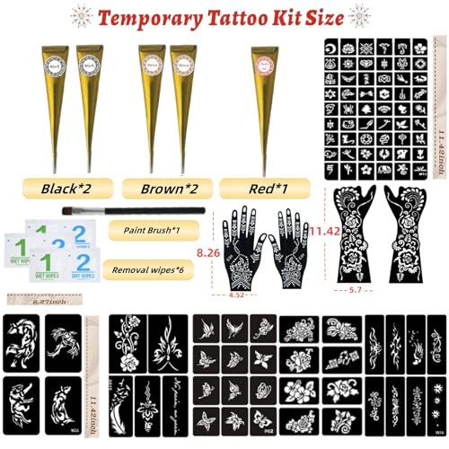 Temporary Tattoos Kit, Large 10 Sheets Temporary Tattoo Stencil Kit,95 Unique Tattoo Designs,5 Pcs 3 Color(black*2,brown*2 & Red*1) Ink with Paint Brush DIY Body Art Painting for Women Men Kids