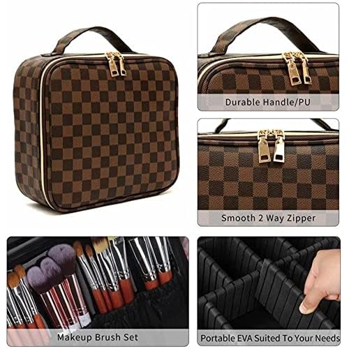 Makeup Bag,3 Pcs Brown Checkered Bags Set,Portable with Adjustable Partition,Large Capacity Pouch for Travel Cosmetic Organizer, Coin Purse, Waterproof, Toiletries,Designer for Gift,Checkered