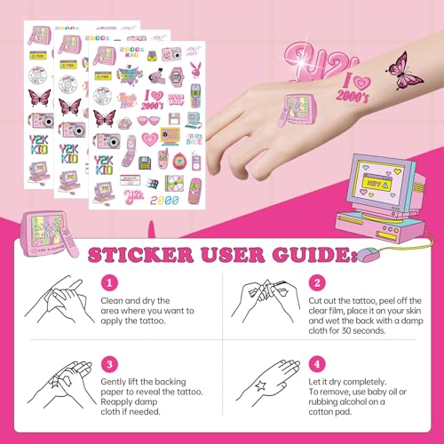 Y2K Temporary Tattoos Decor, 200+ Y2k Birthday Party Decorations, Cool 2000s Cyber Trendn Tattoo Stickers for Teens Retro 00s Bachelorette Party Favors Supplies