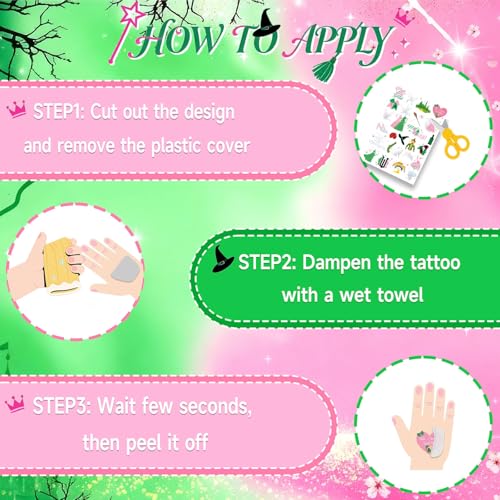 Witch Temporary Tattoos - Pink + Green 84 Pieces Foil Iridescent Design, For Good Wizard Party Favors, Birthday Witch Accessory, Kids Witch Themed Party Decorations, Party Favors