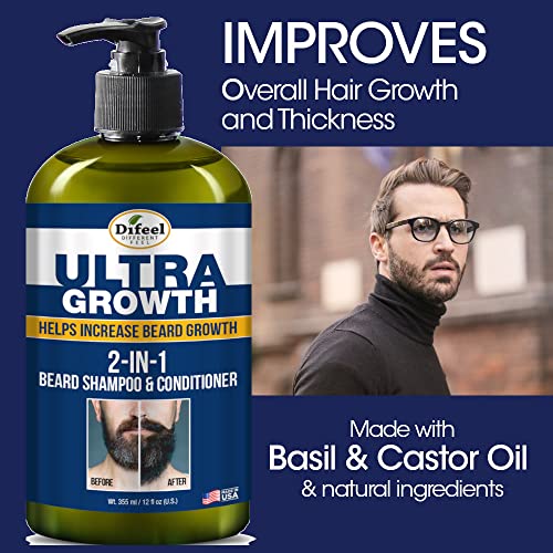 Difeel Men's Ultra Growth Beard Care 3-PC Gift Set for Men - Includes 2-in-1 Beard Shampoo & Conditioner 12oz, Beard Growth Oil 8oz, and Bonus Travel Size Beard Oil