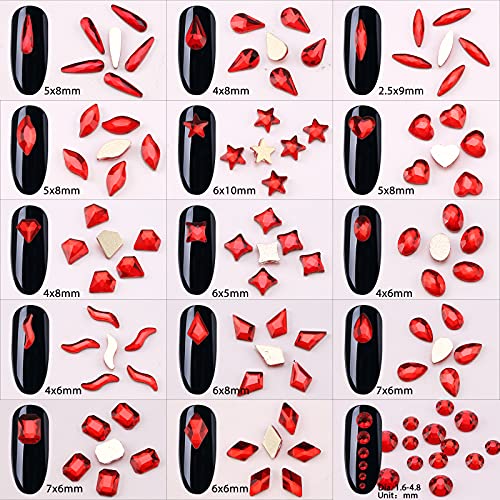 Nibiru 3830Pcs Red Multi Shapes Rhinestones Glass Diamonds Kit for Nail Art Jewels Decoration, Shiny Flatback Mix Size with Wax Pen