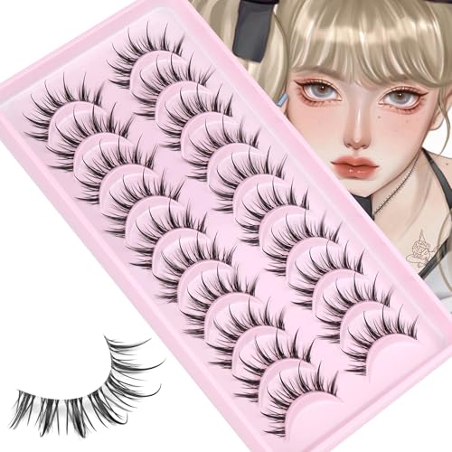Manga Lashes Wispy Natural Look False Eyelashes Spiky Eyelashes Anime Fake Eyelashes Strip 3D Doll Lashes False Eye Lashes with Invisible Lash Band 10 Pairs