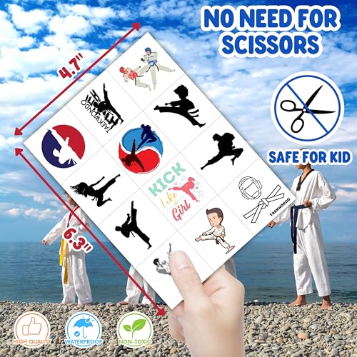 96PCS Taekwondo Pre-Cut Temporary Tattoos - Karate & Kung Fu Themed Party Favors, Cute Fake Tattoos for Kids, Boys, and Girls - Birthday Party Supplies, School Rewards & Gifts