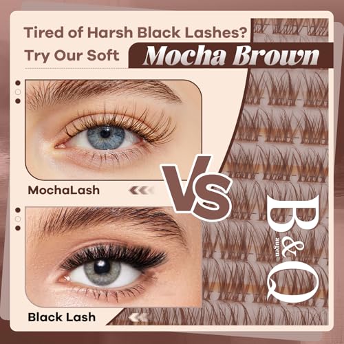 B&Q Brown Lash Clusters Kit Natural Mochalash Clusters 01, Brown Eyelash Clusters Kit C-Curl Cluster Eyelash Extensions 8-16mm Wispy Lash Eyelashes Kit for Fair/Dark Hair(Mochalash 01 Set)