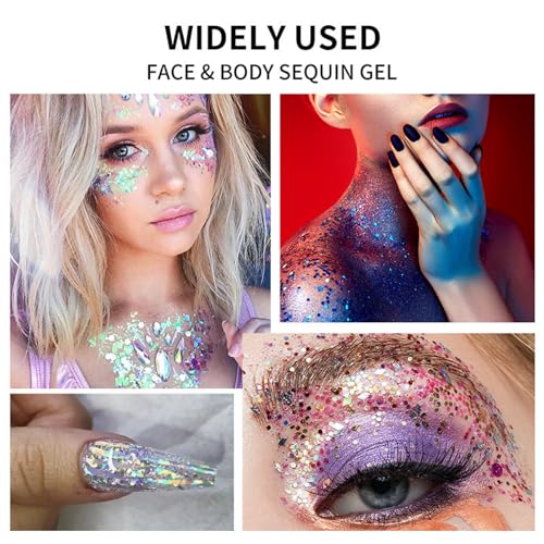 Body Glitter Gel, Holographic Chunky Glitters for Body Hair Face Nails, Colorful Mermaids Shimmer Sparkle Makeup for Parties, Halloween, Singer Concerts Disco Festival Rave Accessories