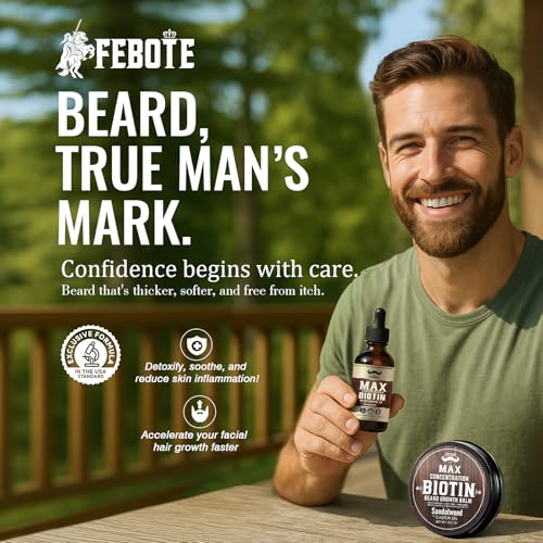 4X Concentration Biotin Beard Kit for Men ? Unscented Oil & Sandalwood Balm Set (2 Pack) ? Moisturizes, Softens & Promotes Growth ? Premium Beard Grooming Gift for Father¡¯s Day or Him