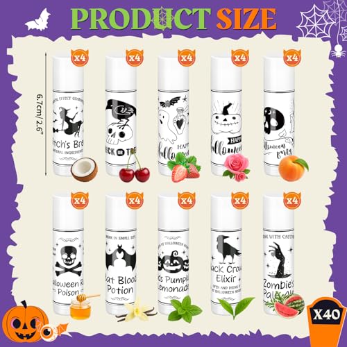 MOVINPE 40 Pack Halloween Lip Balm Party Favors ? Bulk Assorted Flavored Lipsticks with 10 Spooky Designs, Candy Alternative for Trick-or-Treat, Goodie Bags, Classroom & Party Supplies