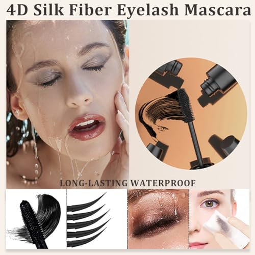 4D Silk Fiber Lash Mascara, Voluminous Fiber Mascara Waterproof & Smudge-Proof Long-Lasting 24 Hours No Flaking Longer Thicker Eyelashes, No Clumping, Extension Stays On All Day (4Packs)