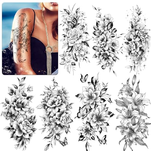 EMOME 12 Sheets Sexy Temporary Tattoos for Women, Half Arm Flowers Fake Tattoos Sleeve, Temp Realistic Tattoo Stickers for Adults Girls Shoulder Arm Leg Back