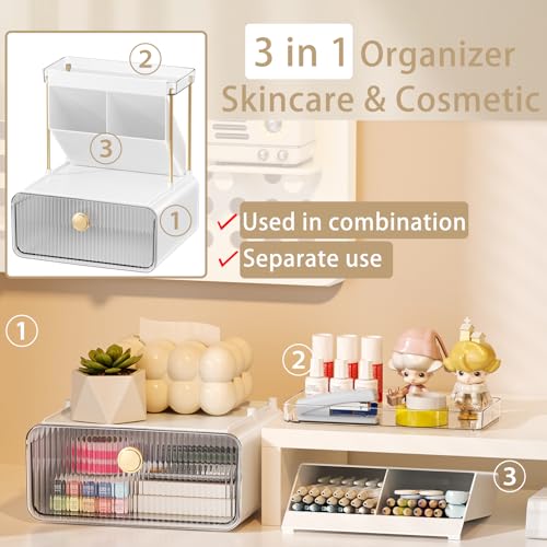 Makeup Organizer with Drawer for Vanity, 2 Tier 5 Zones Cosmetic Display Case Detachable, Cosmetic Storage Perfume Shelf for Bathroom Counter, Perfect Storage Solution for Your Beauty Essential(Clear)