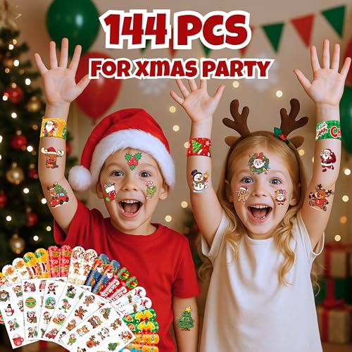 Christmas Party Set (144PCS) | 72 Temporary Tattoos & 72 Slap Bracelets | Fantasy Merry Xmas Party Favors, Stocking Stuffers, Classroom Gifts & Holiday Decorations for Kids