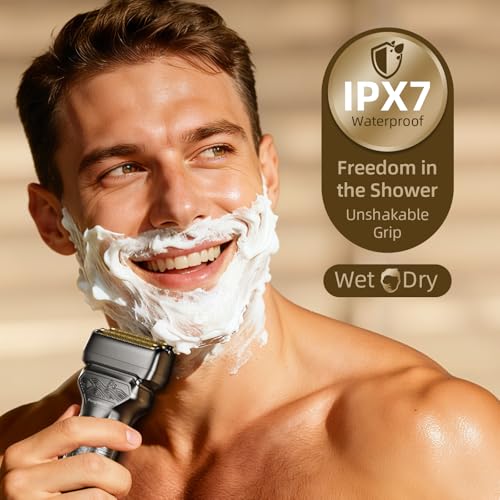 Electric Razor for Men with Pop-Up Trimmer: Rechargeable Cordless Foil Shaver for Face - Wet/Dry/Anti-Slip Waterproof Shavers with LED Display - Metal Handheld Design Light Gray