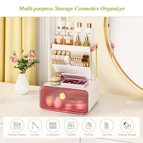 FOLLOWIN Bathroom Organizers and Storage with Drawer,Vanity Storage Organizer with Makeup Brushes Holder, Perfume Lotion Cosmetic Organizer,Blush Pink
