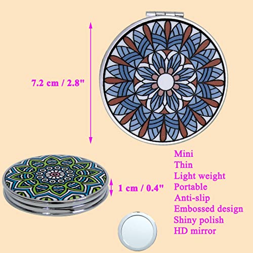 Small Compact Mirror Portable Folding Double Sided with 2X Magnification - Handheld Pocket Travel Makeup Mirrors - Mixed Embossed Designs - Gift for Girls Women Pack of 6