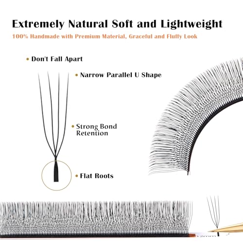 DeceMars 4D U Shaped Eyelash Extensions Supplies Easy Fans Russian Volume Crisscross Eyelashes Natural Soft YY Lash Extensions Handwoven Mesh Wispy Clusters Matte Black-0.07mm-D-8-15mm Mix