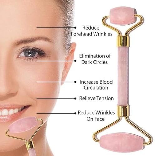 Rose Quartz Roller and Gua sha Set | Reduces Wrinkles, Fine lines and Dark Circles | Pink Jade Roller | Anti-aging Massager for Skin Toning and Tightening for Face, Eyes, Neck
