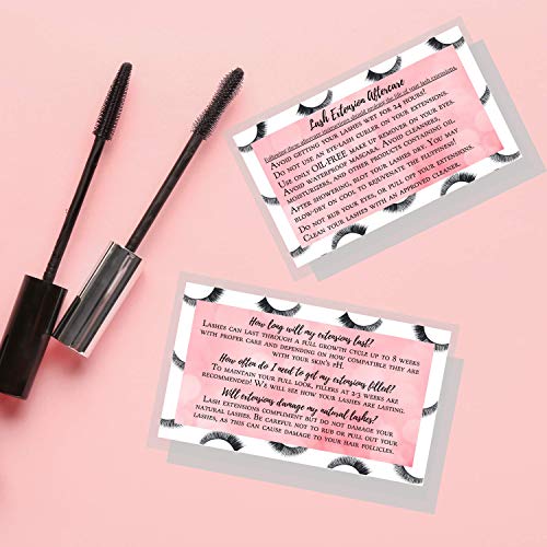 Boutique Marketing LLC Lash Extension Aftercare Instructions Card | 100 Pack | Size 3.5x2 inches After Care (2-3 Week Fillers) | False Lash print with Bubbly Pink Inlay Design (Lash Extension