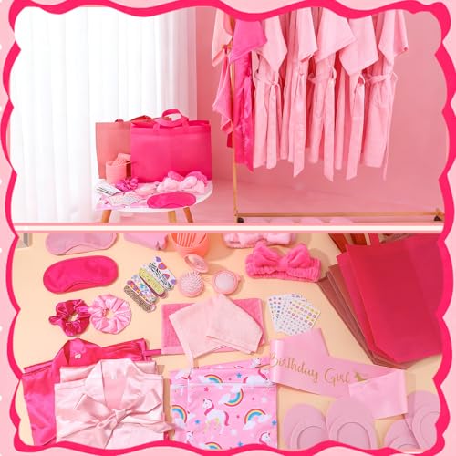 6 Set Girls Spa Party Supplies Kit 83 PCS Includes Satin Robes Headbands Slippers Nail Kit Masks Towel Brush Set for Birthday Sleepover Pink, Hot Pink Birthday Theme