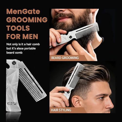 Men's Metal Folding Pocket Beard & Mustache Comb, EDC Knife Comb with Bottle Opener for Outdool Travel - Anti-Static for Hair Styling Pompadour, Slicked-back, Fauxhawk, Undercut