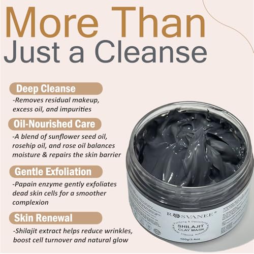 Detox Clay Face Mud Mask with Shilajit, Sunflower Oil, Tea Tree & Charcoal, Deep Purifying Cleansing Mask for Blackheads and Pores, Skin Soothing & Anti aging, Come with A Facial Sponge