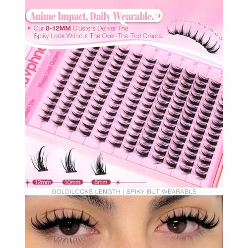 Manga Lash Clusters Kit 8-12MM Anime Cluster Eyelash Extensions Kit Natural Fairy Eyelash Clusters CC Curve 180Pcs Spiky Wispy Cluster Lashes with Lash Glue