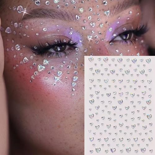 6Sheets Face Gems Stickers Self-Adhesive Hair Jewels Stickers Butterfly Heart Diamonds Mixed Colors Sparkly Rhinestone for Women Eye Face Makeup