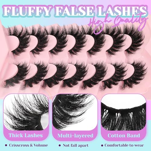 Losha Lashes Volume False Eyelashes Fluffy Cat Eye Lashes 7 Pairs Crisscross Lashes Strips 8-18mm Thick Fake Eyelashes 3D Faux Mink Lashes (FC03)
