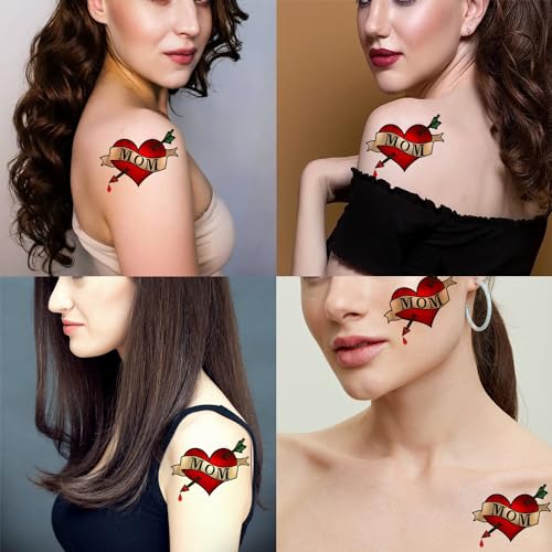 Mom Heart Tattoo 6 Sheets Temporary Tattoo Tattoo Heart Mom Temporary Tattoos Neck Arm Chest for Women Girls Mom Tattoo Stickers for Mothers Day