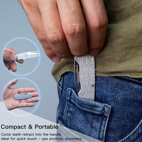 Small Folding Mustache Comb, Metal Beard Comb for men Pocket Mini Portable Fits In Keychain Anti-Static (Wood Grain)